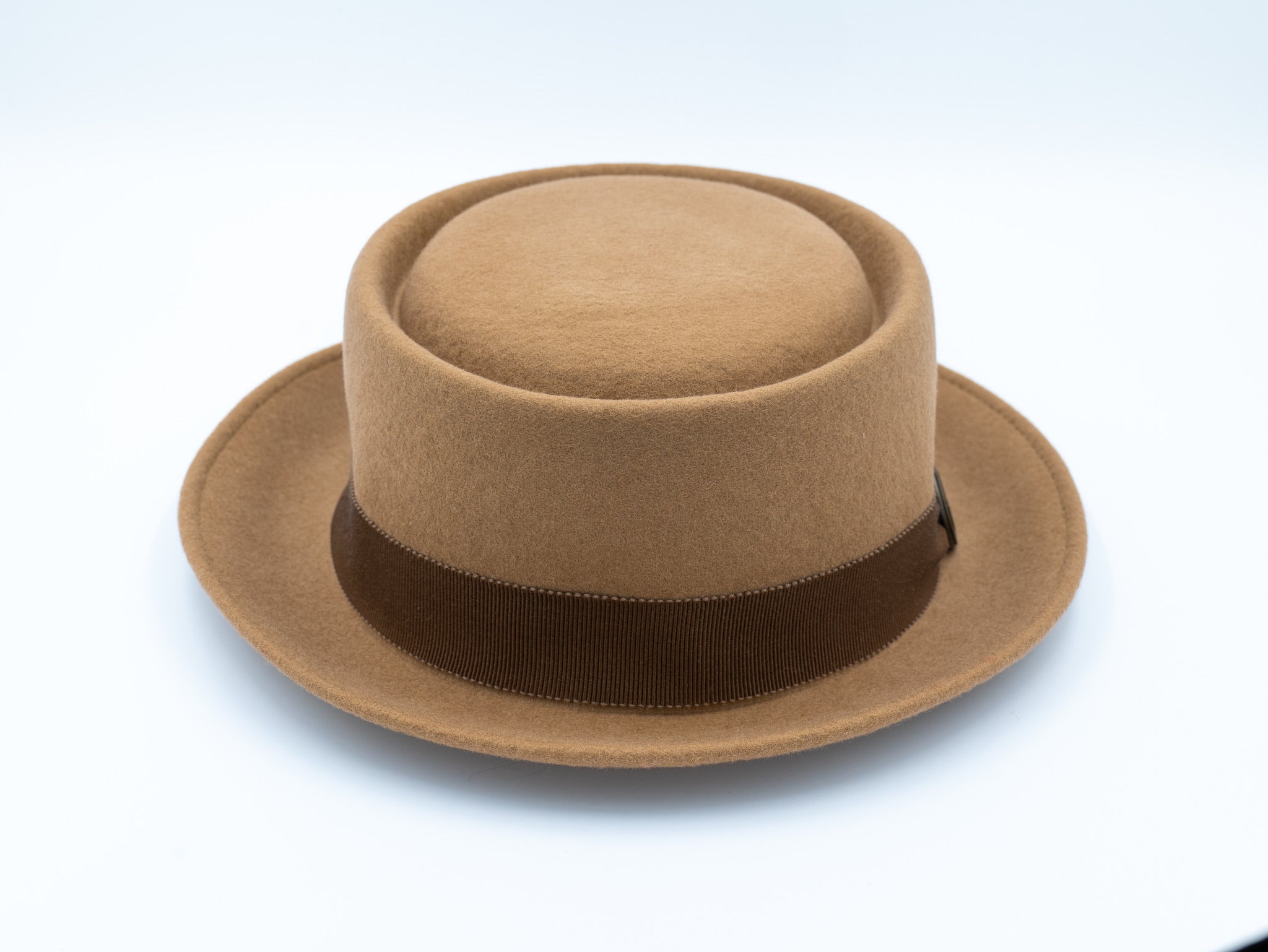 OrangebearSTL Porkpie hat in Camel color  back view
