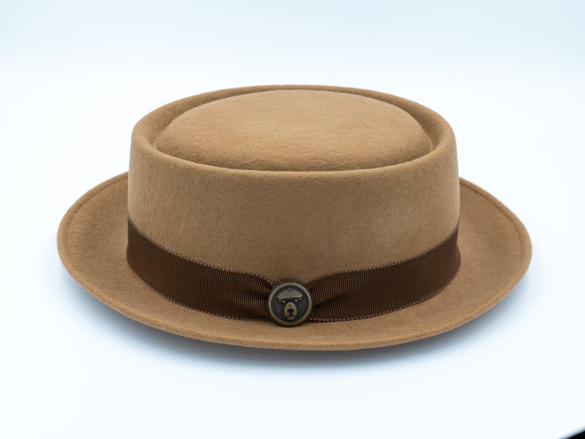 OrangebearSTL Porkpie hat in Camel color front view
